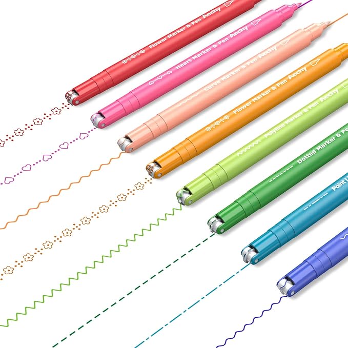 AECHY Colored Felt Tip Curve Pens for Note Taking, Dual Tip Pens with 6 Different Curve Shapes & 8 Colors Fine Lines, Curve Flair Pen Set for Kids Journaling Scrapbook Note Taking Supplies(Rainbow)