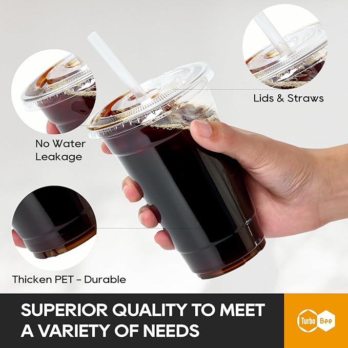 Turbo Bee 200 Sets 16 OZ Clear Plastic Cups with Lids and Straws, Disposable To Go Iced coffee cups with lids for Cold Drinks, Smoothie, and Slushie