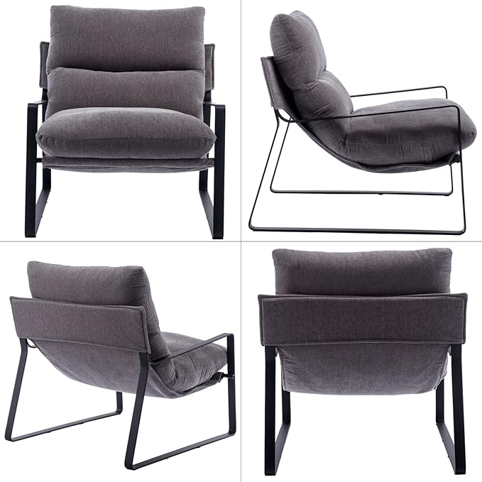 LukeAlon Modern Linen Accent Armchairs Set of 2, Upholstered Living Room Chairs with Metal Base Thickened Cushion Single Sofa Chairs Comfy Lounge Chairs for Bedroom Living Room, Grey