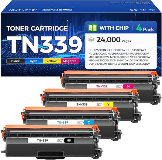 TN339 Toner Cartridge Set 4-Pack (Black Cyan Magenta Yelllow) with Chip High Yield Replacement for Brother TN-339 Compatible with MFC-L9550CDW L8600CDW DCP-9050CDN 9055CDN HL-L8250CDN L8350CDW Printer