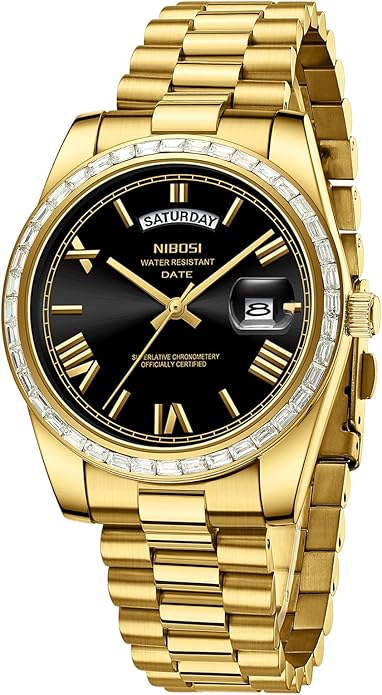 NIBOSI Men's Watches Analog Quartz Diamond Bezel Stainless Steel Dial Rose Gold Silver Watches for Men Waterproof Business Classic Dress Wrist Watch with Day Date