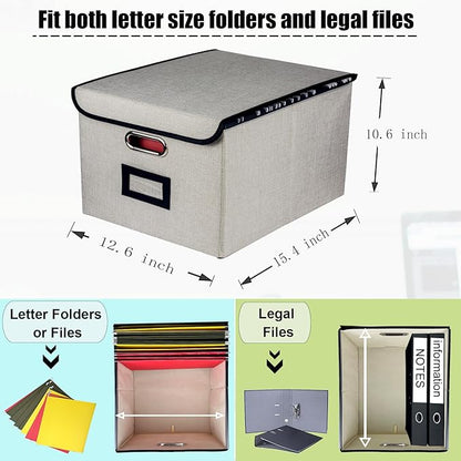 Collapsible File Organizer Box, filing Storage boxes for hanging files with lid, Linen Portable file folder box with handle, Decorative Document Storage Bins for Office/Home/School(Beige)