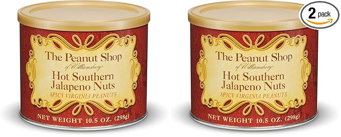 The Peanut Shop of Williamsburg Spicy Williamsburg Peanuts with Jalapeno, Onion, Garlic, Hot Nuts, Hand Cooked Virginia Peanuts, Gluten Free, Kosher - 10.5 Oz Tin (Pack of 2)