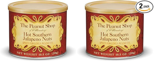 The Peanut Shop of Williamsburg Spicy Williamsburg Peanuts with Jalapeno, Onion, Garlic, Hot Nuts, Hand Cooked Virginia Peanuts, Gluten Free, Kosher - 10.5 Oz Tin (Pack of 2)