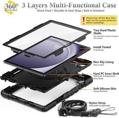 SEYMAC stock Case for Samsung Galaxy Tab A9 8.7'', Full-Body Drop Protection Case with Screen Protector Pencil Holder [360° Rotating Hand Strap] &Stand, Black