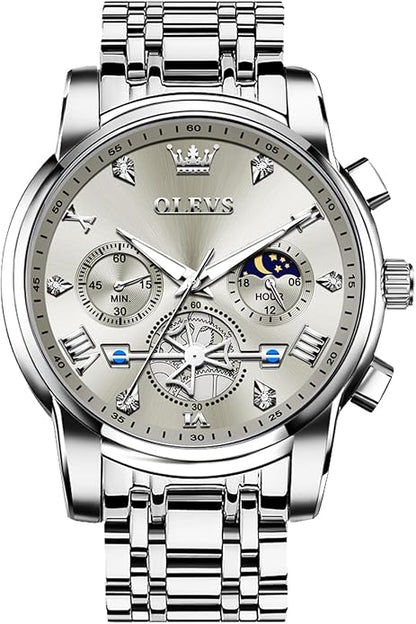 OLEVS Watches Men Waterproof Luxury Big Face Mens Watch Stainless Steel Quartz Analog Dress Watches for Men Luminous Multifunction Man Watch Relojes De Hombre