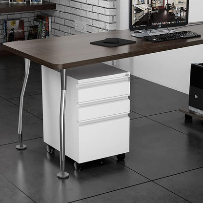 3 Drawer File Cabinet with Wheels, Metal Filing Cabinet with Lock, Office Rolling File Cabinets for A4/Legal/Letter Size, Assembly Required, White