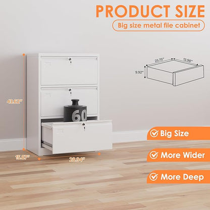 METAN Upgrade Metal 3 Drawer Lateral Files Cabinet for Home Office, Lockable Steel Wide File Storage Cabinet for Hanging Legal/Letter A4 Size, Assembly Required,White