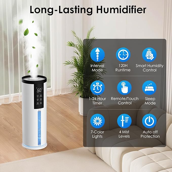 Humidifiers for Large Room - GloryAir 2.11Gal (8L) Quiet Top Fill Cool Mist Humidifier Whole Home 550 ft² 120H Runtime with Humidistat, Auto Mode Diffuser 7-Color Light for Bedroom House Plants Baby