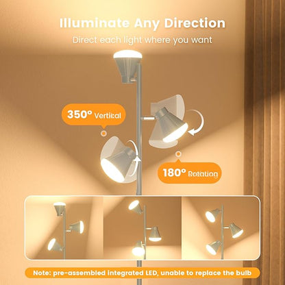 36W LED Tree Floor Lamp, Dimmable Tall Standing Lamp with Remote & Touch Control, 4 Color Temperatures Bright Floor Lamp, 3 Rotatable Light Modern Floor Lamps (Silver Gray)