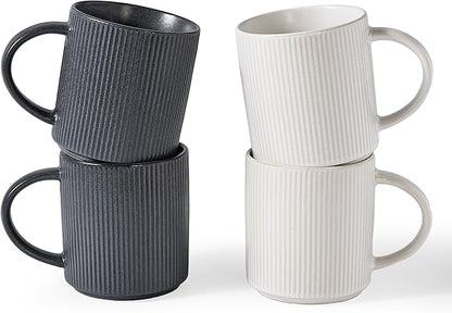 famiware Coffee Mug Set for 4, Star 16 oz Catering Mugs Cup Set with Handle for Coffee, Tea, Cocoa, Milk - Ceramic Stoneware Drinkware Set, Matte White + Matte Dark Charcoal