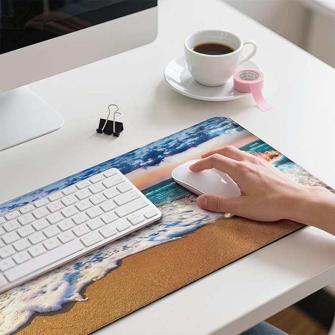 Sea and Beach Patterns Desk Mat, Large Gaming Mouse Pad Non-Slip Rubber Base with Stitched Edges, Waterproof Protection for PC Laptop Home Office Desk Decor (31.5x11.8in)