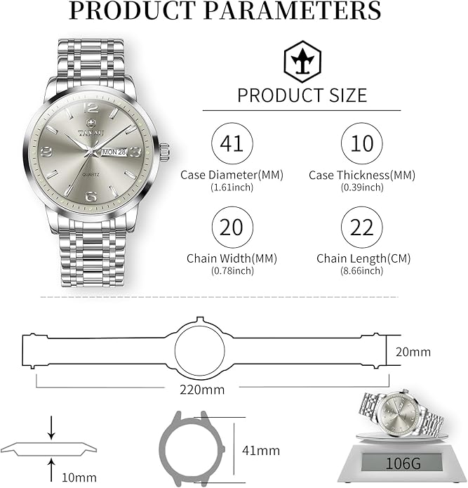 Stainless Steel Mens Watches with Day Date Quartz Analog Large Face Classic Watch Arabic Numerals Dress Luminous Rlojes para Hombres