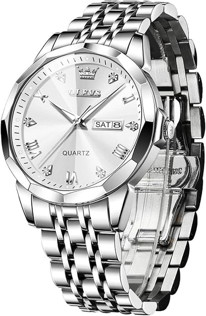 Men's Casual Stainless Steel Watch, Big Face Easy to Read Analog Quartz Watch with Day and Date, Classic Waterproof Diamond Roman Arabic Numerals Dial Dress Watch for Men, Gold Silver Black Band
