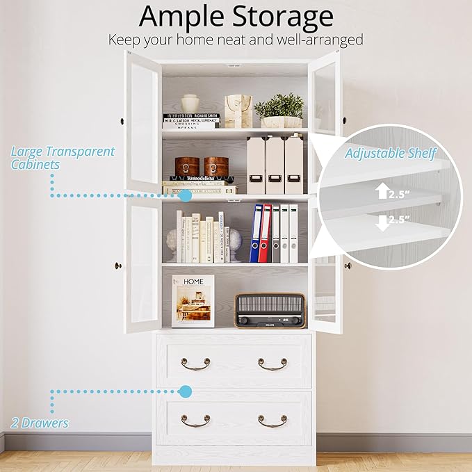 IRONCK Bookcases and Bookshelves with Doors, 79.1" Tall Bookshelf with 2 Drawers, 4-Tier Shelf with Acrylic Doors, Large Storage Cabinet for Home Office, Living Room, Kitchen