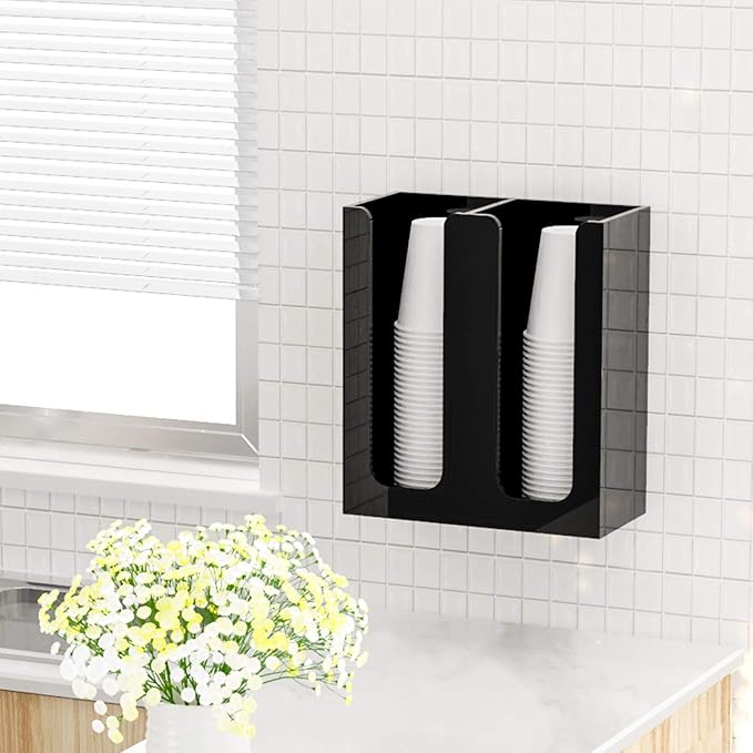 Richboom Acrylic Coffee Cup and Lid Storage Organizer Holder, 2 Compartments, Black