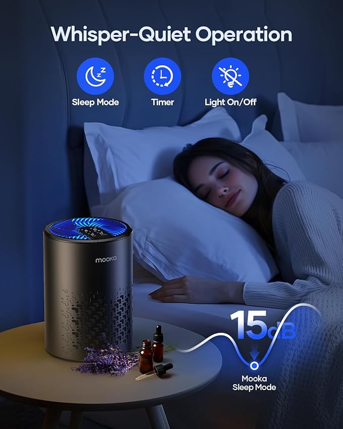Air Purifiers for Bedroom Home, MOOKA HEPA Air Purifier for Home Pets with Fragrance Sponge for Smoke Dust Pollen Dander Odor, Small Air Purifier with Sleep Mode Night Light Timer, KJ067L, Black