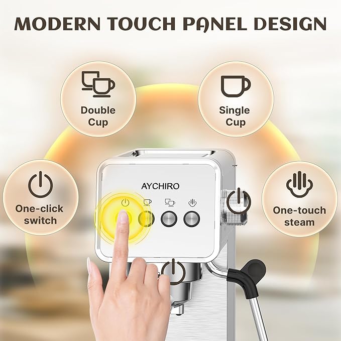 Espresso Machine with Steam Milk Frother, 20 Bar Professional Espresso Coffee Maker for Latte & Cappuccino, 1-Touch Control, Stainless Steel Housing, Removable Water Tank & Drip Tray