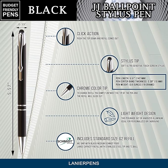 Black JJ Ballpoint Pen with Stylus - Black Ink Refill, Medium Tip Point