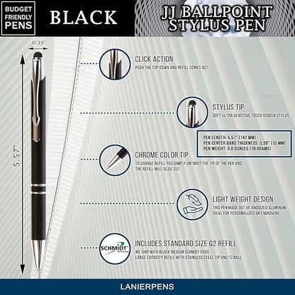 Black JJ Ballpoint Pen with Stylus - Black Ink Refill, Medium Tip Point