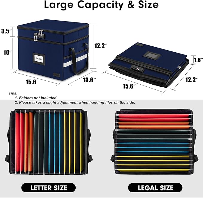 ETRONIK Fireproof Document Box with Lock, 2-Layer File Box Storage Organizer with 5 Tabs& Insert, Portable File Cabinet Storage Box with Handle for Hanging Letter,Legal Size Folder,Certificate, Blue