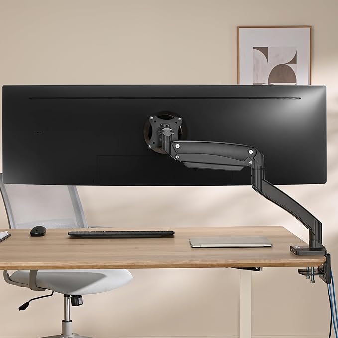 AVLT Single 17"-49" Super Ultrawide Monitor Arm for Screens Up to 50 lbs, Premium Aluminum Desk Stand, Adjustable Pneumatic Height, Full Motion Swivel Tilt Rotation, USB 3.0 & AUX Ports, Black