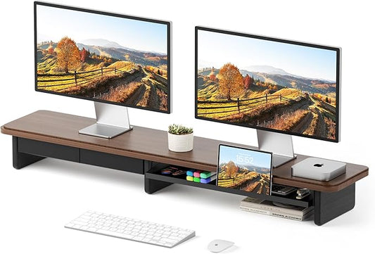 Large Dual Monitor Stand For Desk,43 Inch Desktop Computer Riser with Metal Drawer Desk Shelf Organizer For Computer/Laptop/PC/Printer/TV