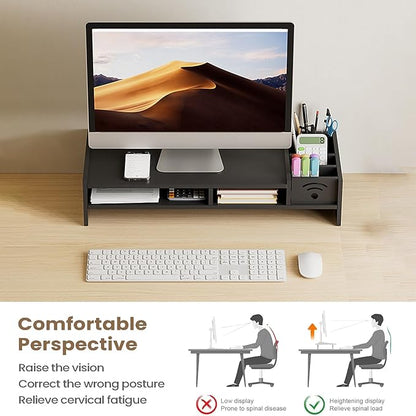 Desk Monitor Stand, 2-Tier Ergonomic Shelf, Black 4.3in Riser, Computer Screen Organizer, Laptop TV Holder, Work Table Storage, For Home Dorm Office Setup