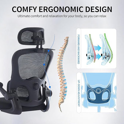 Ergonomic Mesh Office Chair, 400 lbs Capacity, High Back Desk Chair with Adjustable Lumbar Support, 3D Headrest, Flip-Up Armrests, and PU Wheels for Long Workdays and Home Office (Black)