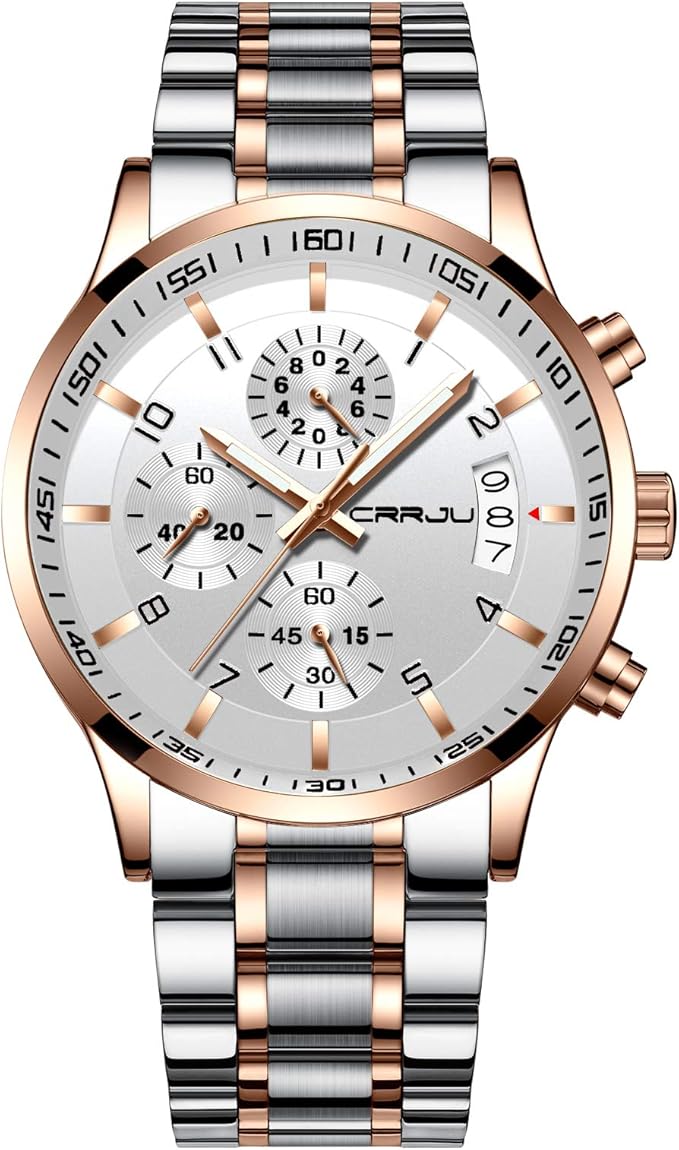 CRRJU Men's Fashion Stainless Steel Watches Date Waterproof Chronograph Wristwatches,Black Steel Band Waterproof Quartz Watch for Men