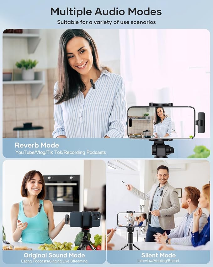 2 Pack Wireless Lavalier Microphone for iPhone iPad and Android Phone, Lapel Mic Plug and Play Wireless Mic Noise Reduction Mini Microphone for Video Recording Interview Podcast Vlog YouTube Tiktok