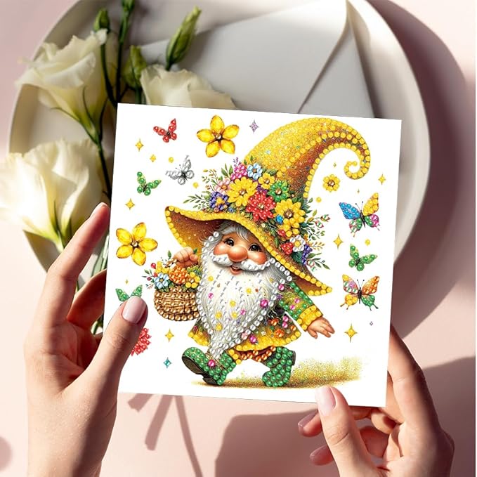 6pcs DIY Gnome Butterfly Diamond Art Painting Greeting Cards Kit, Rhinestone Art Holiday Birthday Card Set with Envelopes, DIY Festival Craft for Girlfriend, Christmas Valentine Gift Making Supplies