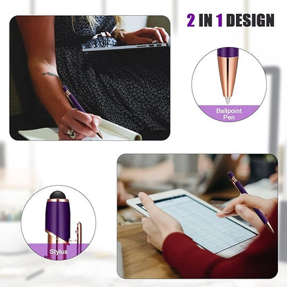Tenare 12 Pieces 2 in 1 Stylus Metal Ballpoint Pen with Stylus Tip, 1.0 mm Black Ink Ballpoint Pen for Touch Screens(Purple and Rose Gold)