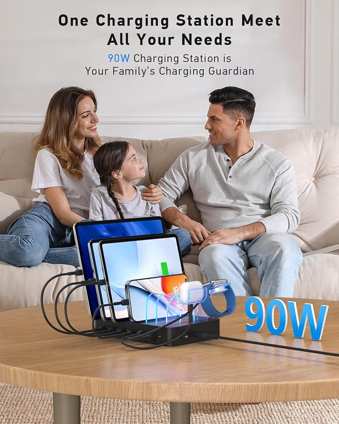 SooPii 90W Charging Station for Multiple Devices, 6 Port Multi USB C Charger Station with 6 Mixed Short Cables,PD 20W Charging Dock for lPhone,Galaxy,iPad,Tablet and More Electronic Devices,Black
