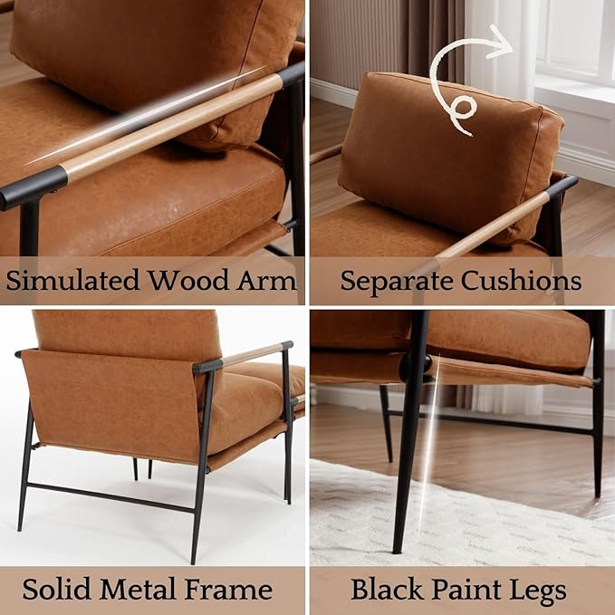 LukeAlon PU Leather Accent Chairs Set of 2, Ultra Soft Lounge Chairs with Metal Legs Modern Armchairs Upholstered Mid-Century Comfy Leisure Chair for Bedroom Living Room Reception Area, Brown