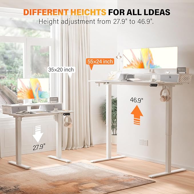 Electric Standing Desk with 2 Drawers 40''x 24'' Small Adjustable Height Sit to Stand Up Desk with Storage Shelf, C-Clamp Mount Compatible White Home Office Desks Computer Desk Ergonomic Workstation