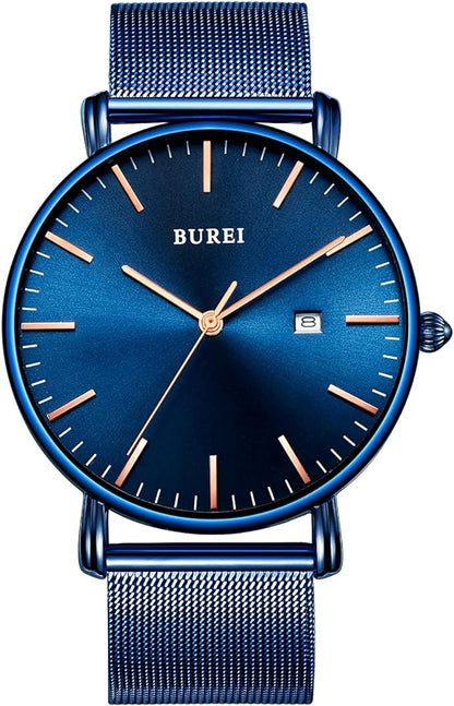 BUREI Men Watches Brown Leather Fashion Minimalist Wrist Watch Simple Ultra Thin Waterproof Quartz Watches All Black Stainless Steel Mesh Band,Gift for Men Women
