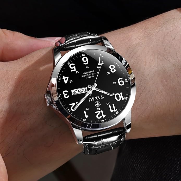 Watches for Men Leather Large Arabic Numerals Mens Watches Waterproof Band with Date Quartz Men's Wrist Watch