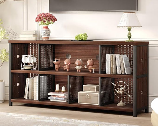 LVB Wood Horizontal Bookshelf, Industrial Long Bookcase Cube Shelf Organizer, Large Wide Low Wooden Metal Cube Book Shelf, Under Window Bookshelves for Office Bedroom Living Room, Walnut, 63 Inch