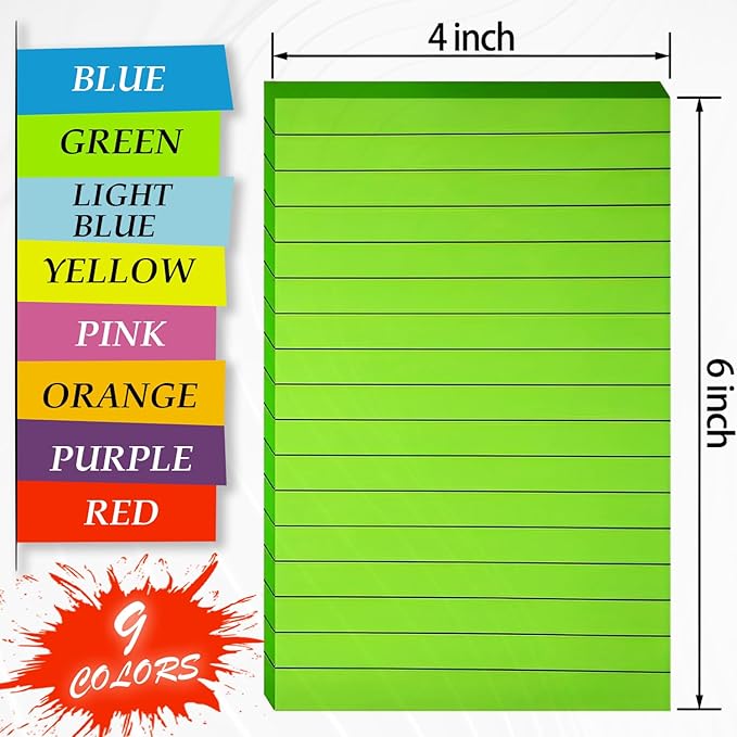 (9 Pack) Lined Sticky Notes Pads, 9 Bright Colors Post Sticky Notes 4x6 Inches,  Sticky Notes Perfect for Office,School,Meeting and Home.