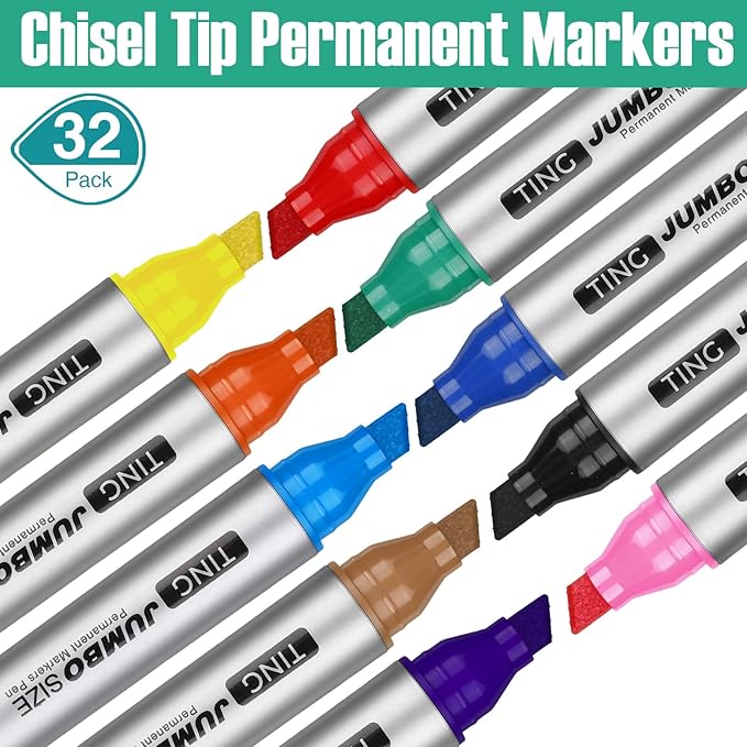 Fuutreo 32 Pcs Jumbo Permanent Markers Bulk Large Chisel Tip Permanent Markers Waterproof Jumbo Pens Quick Drying Office Teacher Supplies (Multicolor)