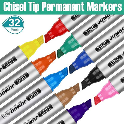 Fuutreo 32 Pcs Jumbo Permanent Markers Bulk Large Chisel Tip Permanent Markers Waterproof Jumbo Pens Quick Drying Office Teacher Supplies (Multicolor)