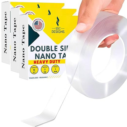 Double Sided Mounting Tape Heavy Duty Nano Two Sided Adhesive Strip Strong Magic Picture Poster Wall Hanging Decor Office Classroom Bubble Kit Transparent Removable Sticky Clear Stick Carpet 30 Feet