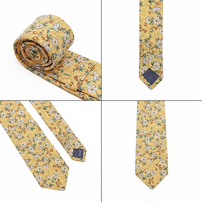 Cotton Floral Ties for Men 2.76" Men's Skinny Tie Linen Flower Printed Neck Tie for Wedding Dating Party