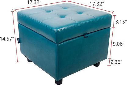 H&B Luxuries Tufted Leather Square Flip Top Storage Ottoman Cube Foot Rest (Blue with Storage)