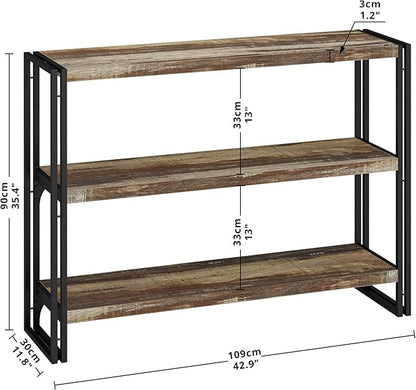 IRONCK Bookshelf Industrial 3 Shelf Bookcase, Wood Storage Shelf with Metal Frame for Living Room, Rustic Brown