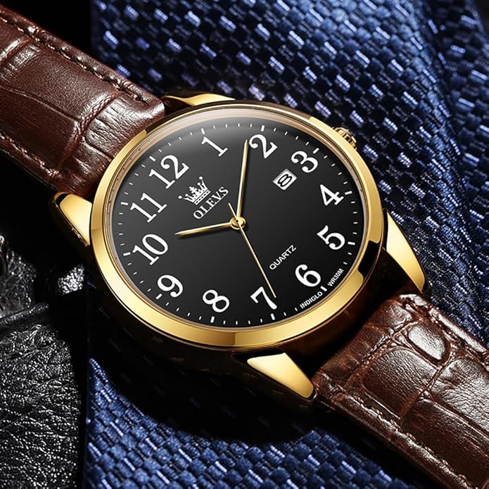OLEVS Mens Watches Vintage Leather Band Dress Classic Easy Reader Arabic Numerals Analog Quartz Waterproof Date and Day Blue/Black/White Large Face Men's Wrist Watches