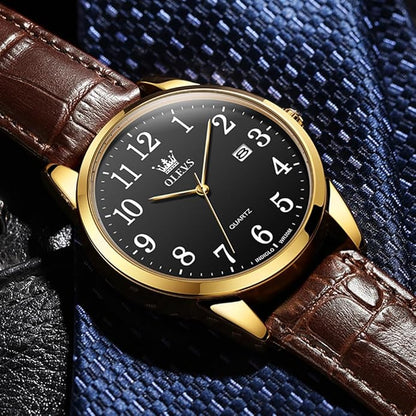 OLEVS Mens Watches Vintage Leather Band Dress Classic Easy Reader Arabic Numerals Analog Quartz Waterproof Date and Day Blue/Black/White Large Face Men's Wrist Watches