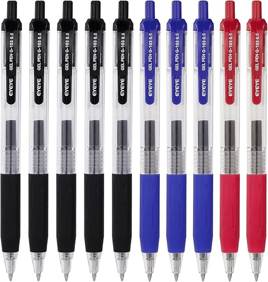 EYEYE G-103 Retractable 0.5mm Gel Pens, 5 Black 3 Blue 2 Red Extra Fine Point Blue Ink Pens Quick Dry, Ballpoint Pen Fine Point Smooth Writing Pens for Office School Supplies