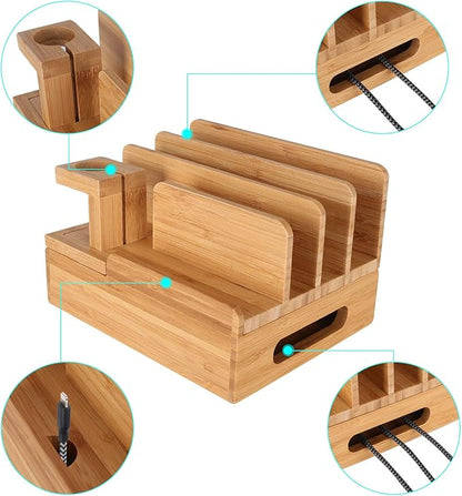Bamboo Wood Multi-Device Desktop Charging Dock Station Charger Holder Cradle Charge Stand Compatible iPhone 16 15 14 13 Pro Max iPad Mini Pro Air Apple Watch Ulrta 10 9 8 7 6 5 4 3 2 iWatch Smartphone